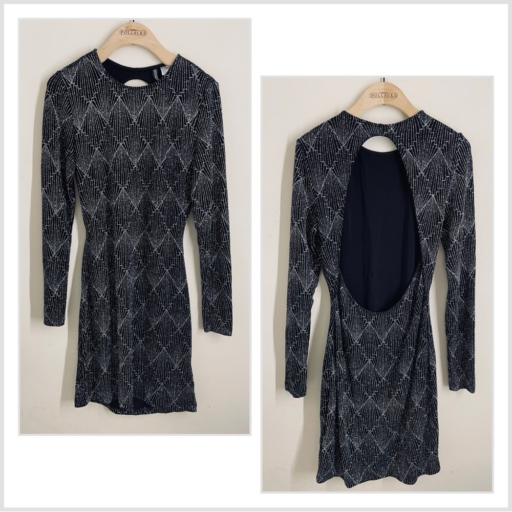 H&M Divided Long Sleeve Black and Silver Open Back Glittery Dress size M